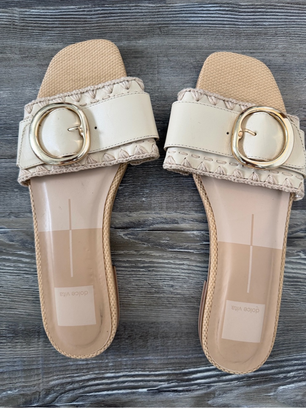 Dolce Vita Women's Neutral Slide Sandals with Gold Buckle Accent